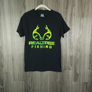 Realtree Fishing Mens Graphic T-Shirt Black Neon Green Fish Hook‎ Logo Small